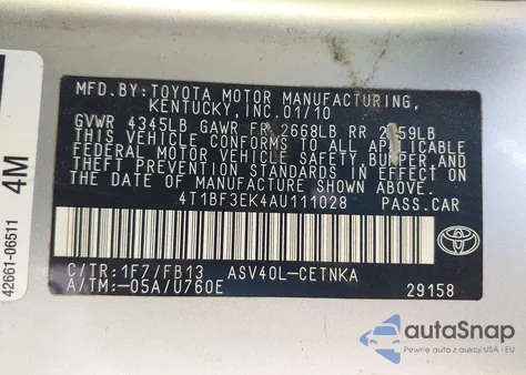 2010 Toyota Camry Le z USA, uszkodzony, nr VIN 4T1BF3EK4AU111028